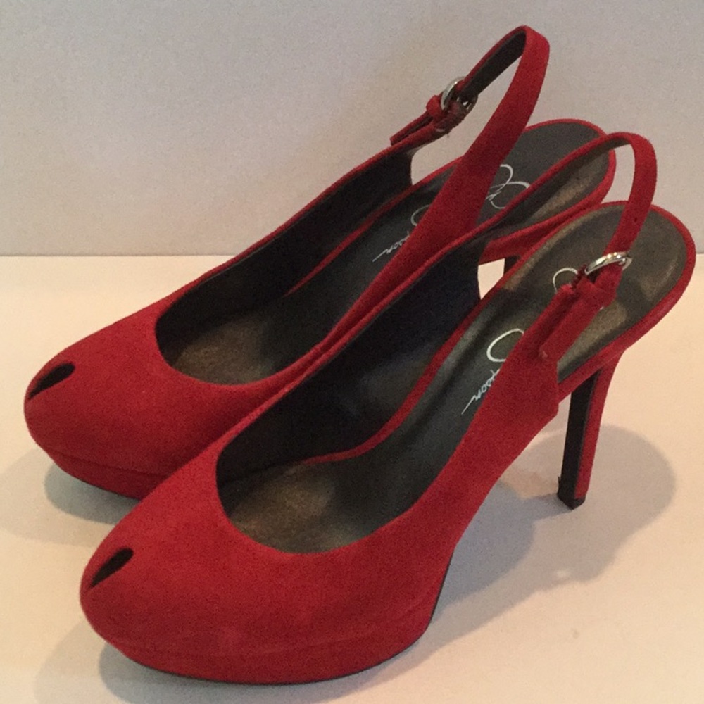 Jessica Simpson red suede peep toe heels